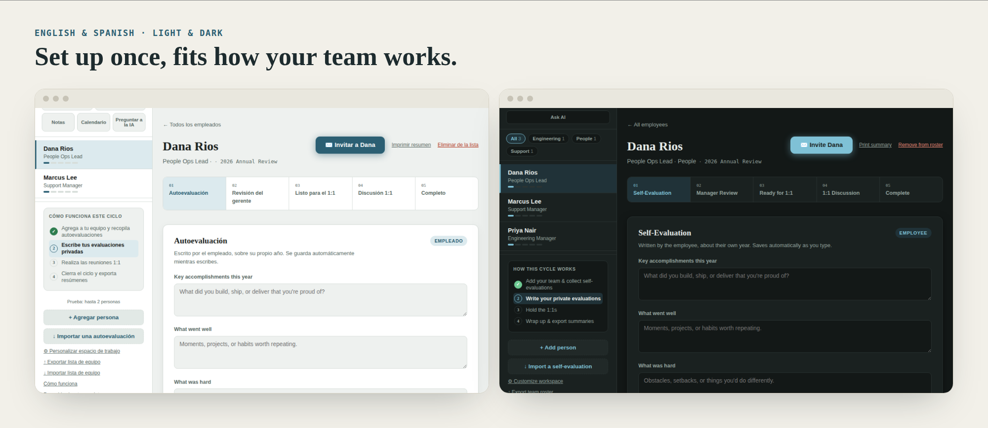 Self-evaluation screen shown in Spanish and in dark mode.